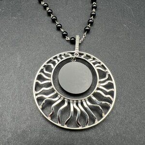 Heng Ngai Sterling Silver 925 Black Onyx‎ Beaded Necklace Sun Pendant